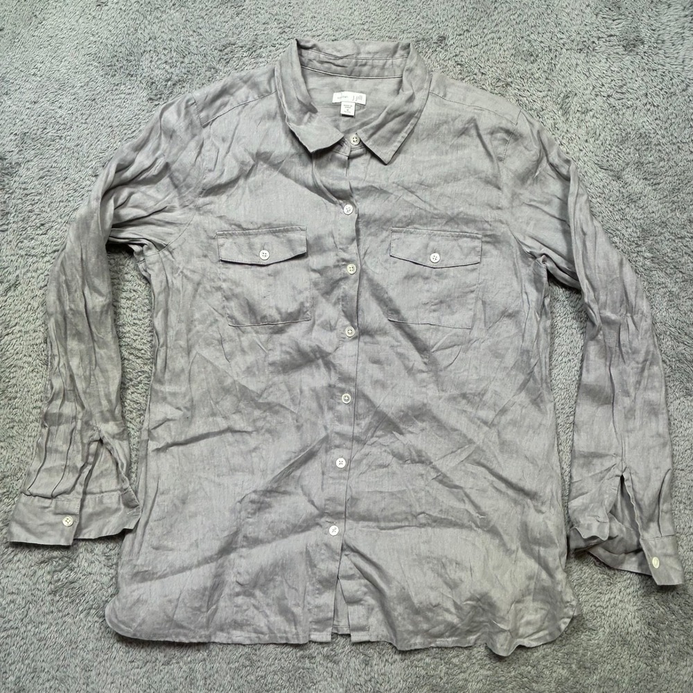 J. Jill Love Linen Shirt MEDIUM Gray 100% Linen Button Up Long Sleeve Pockets